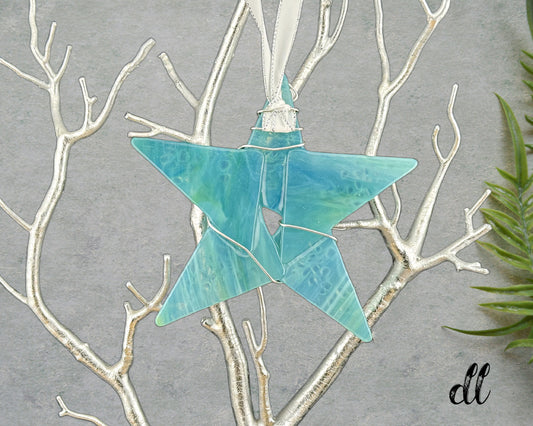 Fused Glass Soft Blue Iridescent Wrapped Star