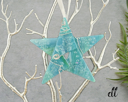 Fused Glass Soft Blue Iridescent Wrapped Star