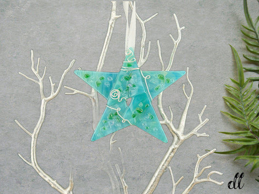 Fused Glass Soft Blue with Green Iridescent Accents Silver Wire Wrapped Star