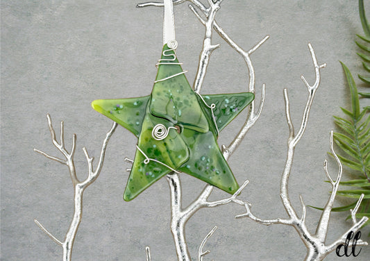 Fused Glass Light Green Dark Green Delicate Blue Accents Silver Wire Wrapped Star