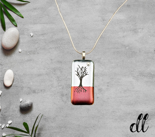 Dichroic Red Orange and Silver Rectangular Pendant with Hand Etched Tree of Life and Crystal Moon