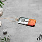 Dichroic Red Orange and Silver Rectangular Pendant with Hand Etched Tree of Life and Crystal Moon