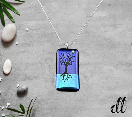 Dichroic Purple and Blue Rectangular Pendant with Hand Etched Tree of Life and Crystal Moon