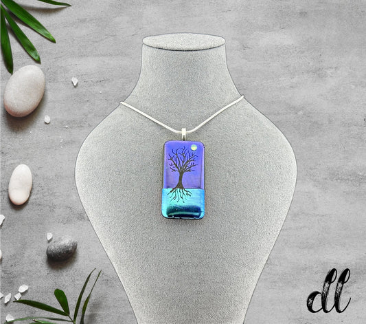 Dichroic Purple and Blue Rectangular Pendant with Hand Etched Tree of Life and Crystal Moon