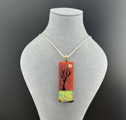 Dichroic Red Orange and Green Yellow Brown Rectangular Pendant with Hand Etched Tree of Life and Crystal Moon