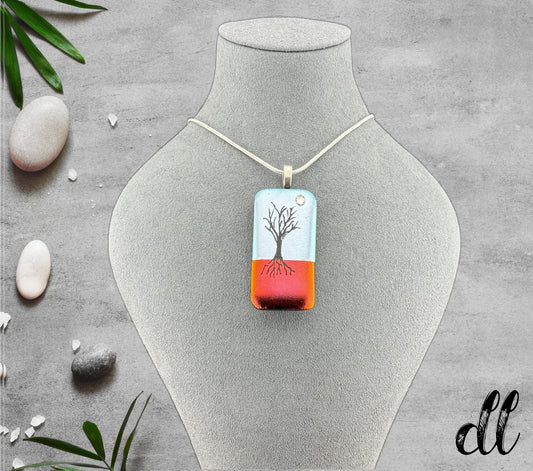 Dichroic Red Orange and Silver Rectangular Pendant with Hand Etched Tree of Life and Crystal Moon