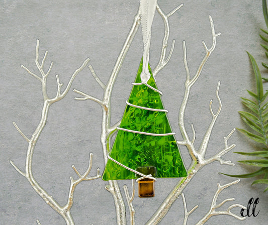 Fused Glass Green with White Clear Iridescent Color Tree Ornament Wire Wrapped in Silver Wire