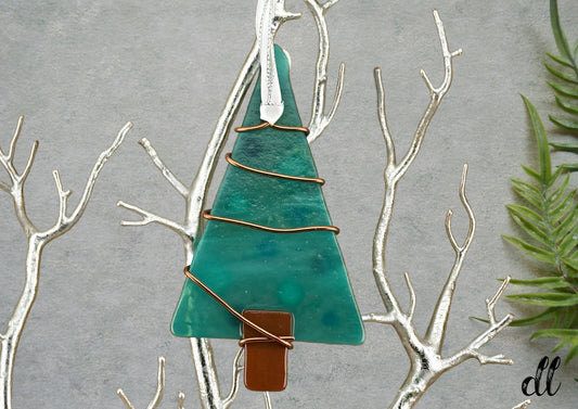 Fused Glass Green Tree Ornament Wire Wrapped in Bronze Wire