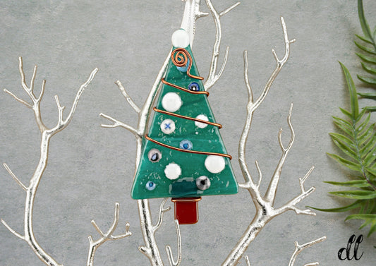 Fused Glass Green Tree Ornament Wire Wrapped in Bronze Wire