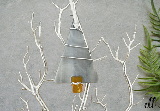 Fused Glass Gray Tree Ornament Wire Wrapped in Silver Wire