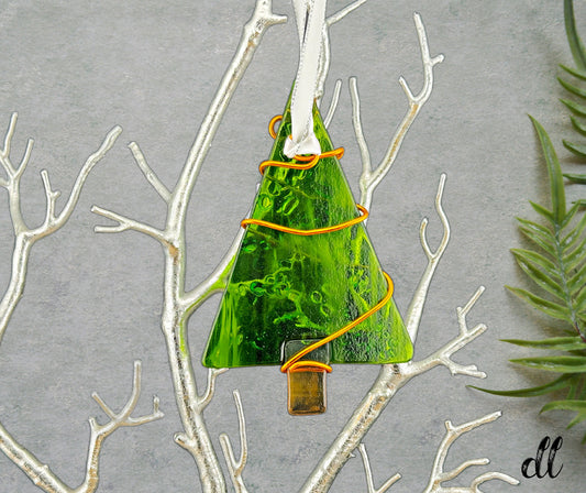 Fused Glass Green with Clear Iridescent Color Tree Ornament Wire Wrapped in Copper Wire