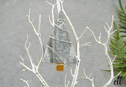 Fused Glass Gray Tree Ornament Wire Wrapped in Silver Wire