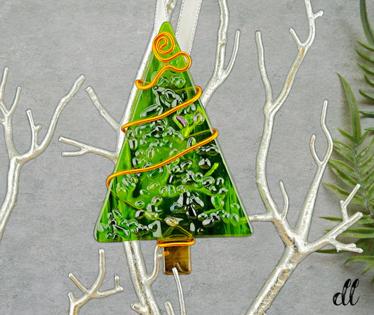 Fused Glass Green with Clear Iridescent Color Tree Ornament Wire Wrapped in Copper Wire