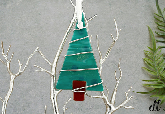 Fused Glass Green Tree Ornament Wire Wrapped in Bronze Wire