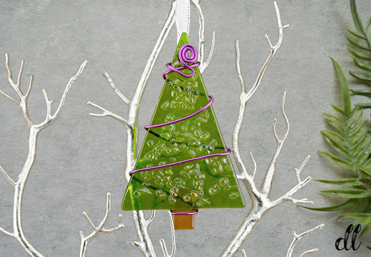 Fused Glass Green Tree Ornament Wire Wrapped in Purple Wire