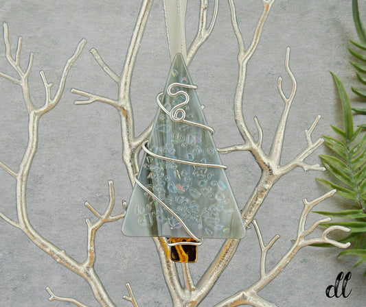 Fused Glass Gray with Clear Iridescent Color Tree Ornament Wire Wrapped in Silver Wire